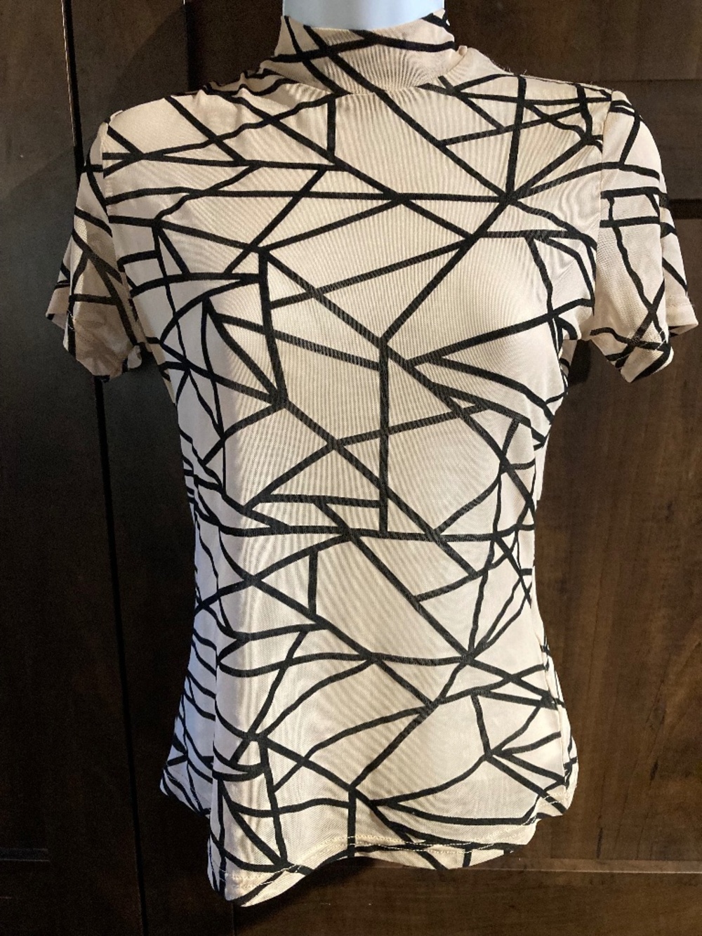 Short-Sleeved Sheer High-Necked Top with Black Abstract Detailing, Size S
